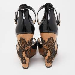 Valentino Black Patent Leather Wedge Platform Ankle Strap Sandals Size 38