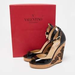 Valentino Black Patent Leather Wedge Platform Ankle Strap Sandals Size 38