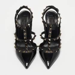 Pre Owned Valentino Black Patent and Leather Rockstud Caged Pumps Size 36