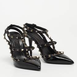 Pre Owned Valentino Black Patent and Leather Rockstud Caged Pumps Size 36