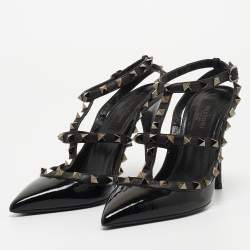 Pre Owned Valentino Black Patent and Leather Rockstud Caged Pumps Size 36