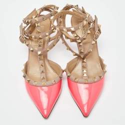 Pre Owned Valentino Pink/Beige Leather and Patent Rockstud Pumps Size 37.5