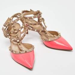 Pre Owned Valentino Pink/Beige Leather and Patent Rockstud Pumps Size 37.5