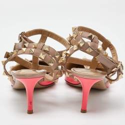 Pre Owned Valentino Pink/Beige Leather and Patent Rockstud Pumps Size 37.5