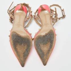 Pre Owned Valentino Pink/Beige Leather and Patent Rockstud Pumps Size 37.5