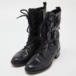 Pre Owned Valentino Black Leather Floral Applique Combat Boots Size 37.5