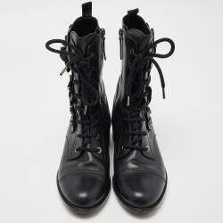 Pre Owned Valentino Black Leather Floral Applique Combat Boots Size 37.5