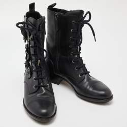 Pre Owned Valentino Black Leather Floral Applique Combat Boots Size 37.5