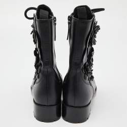 Pre Owned Valentino Black Leather Floral Applique Combat Boots Size 37.5