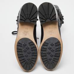 Pre Owned Valentino Black Leather Floral Applique Combat Boots Size 37.5