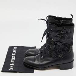 Pre Owned Valentino Black Leather Floral Applique Combat Boots Size 37.5