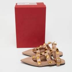 Pre Owned Valentino Beige Leather Roman Stud Flat Mules Size 38
