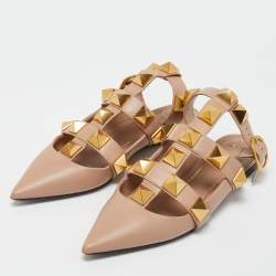 Pre Owned Valentino Beige Leather Roman Stud Flat Mules Size 38