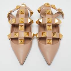 Pre Owned Valentino Beige Leather Roman Stud Flat Mules Size 38