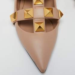 Pre Owned Valentino Beige Leather Roman Stud Flat Mules Size 38