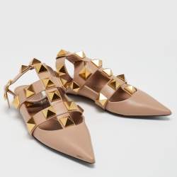 Pre Owned Valentino Beige Leather Roman Stud Flat Mules Size 38
