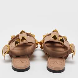 Pre Owned Valentino Beige Leather Roman Stud Flat Mules Size 38