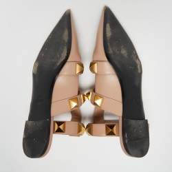 Pre Owned Valentino Beige Leather Roman Stud Flat Mules Size 38
