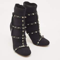 Pre Owned Valentino Black Knit Fabric and Leather Rockstud Boots Size 40