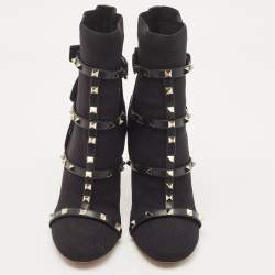 Pre Owned Valentino Black Knit Fabric and Leather Rockstud Boots Size 40