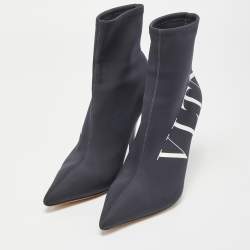 Pre Owned Valentino Black Black Nylon VLTN Pointed Toe Ankle Booties Size 40