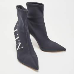 Pre Owned Valentino Black Black Nylon VLTN Pointed Toe Ankle Booties Size 40