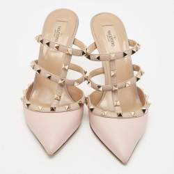 Pre Owned Valentino Pink Leather Rockstud Pointed Toe Slide Sandals Size 40.5