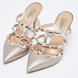 Pre Owned Valentino Metallic Leather Rockstud Slides Size 37 
