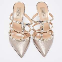 Pre Owned Valentino Metallic Leather Rockstud Slides Size 37 