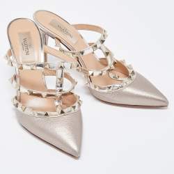 Pre Owned Valentino Metallic Leather Rockstud Slides Size 37 