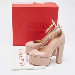 Pre Owned Valentino Beige Patent Leather Tango Platform Ankle Strap Pumps Size 38