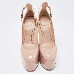 Pre Owned Valentino Beige Patent Leather Tango Platform Ankle Strap Pumps Size 38