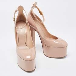 Pre Owned Valentino Beige Patent Leather Tango Platform Ankle Strap Pumps Size 38
