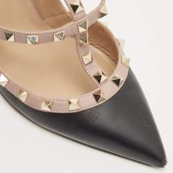 Pre Owned Valentino Black/Pink Leather Rockstud Strappy Pointed Toe Pumps Size 41