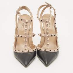 Pre Owned Valentino Black/Pink Leather Rockstud Strappy Pointed Toe Pumps Size 41