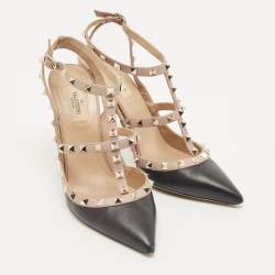 Pre Owned Valentino Black/Pink Leather Rockstud Strappy Pointed Toe Pumps Size 41