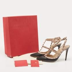 Pre Owned Valentino Black/Pink Leather Rockstud Strappy Pointed Toe Pumps Size 41