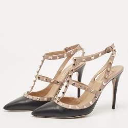 Pre Owned Valentino Black/Pink Leather Rockstud Strappy Pointed Toe Pumps Size 41