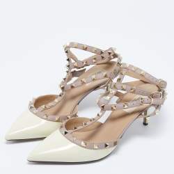 Pre Owned Valentino Pink/White Patent Leather Rockstud Strappy Pointed Toe Pumps Size 40