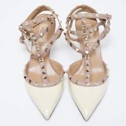 Pre Owned Valentino Pink/White Patent Leather Rockstud Strappy Pointed Toe Pumps Size 40