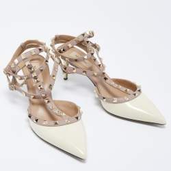 Pre Owned Valentino Pink/White Patent Leather Rockstud Strappy Pointed Toe Pumps Size 40