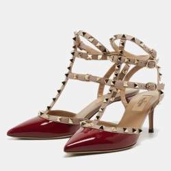 Pre Owned Valentino Pink/Burgundy Patent Leather Rockstud Strappy Pointed Toe Pumps Size 37