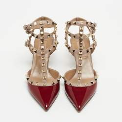 Pre Owned Valentino Pink/Burgundy Patent Leather Rockstud Strappy Pointed Toe Pumps Size 37