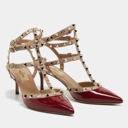 Pre Owned Valentino Pink/Burgundy Patent Leather Rockstud Strappy Pointed Toe Pumps Size 37