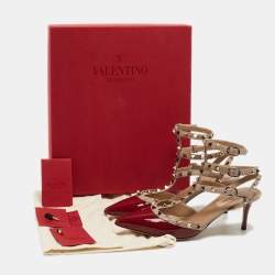 Pre Owned Valentino Pink/Burgundy Patent Leather Rockstud Strappy Pointed Toe Pumps Size 37