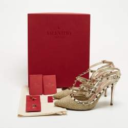 Pre Owned Valentino Gold Leather and Woven Fabric Rockstud Strappy Pointed Toe Pumps Size 40