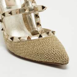 Pre Owned Valentino Gold Leather and Woven Fabric Rockstud Strappy Pointed Toe Pumps Size 40