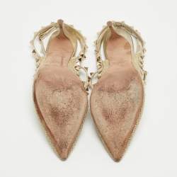 Pre Owned Valentino Gold Leather and Woven Fabric Rockstud Strappy Pointed Toe Pumps Size 40