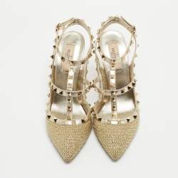 Pre Owned Valentino Gold Leather and Woven Fabric Rockstud Strappy Pointed Toe Pumps Size 40