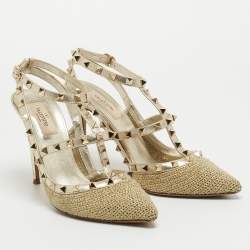 Pre Owned Valentino Gold Leather and Woven Fabric Rockstud Strappy Pointed Toe Pumps Size 40